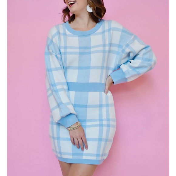 Pink Lily Blue & White Plaid Mini Sweater Dress - Picture 1 of 10
